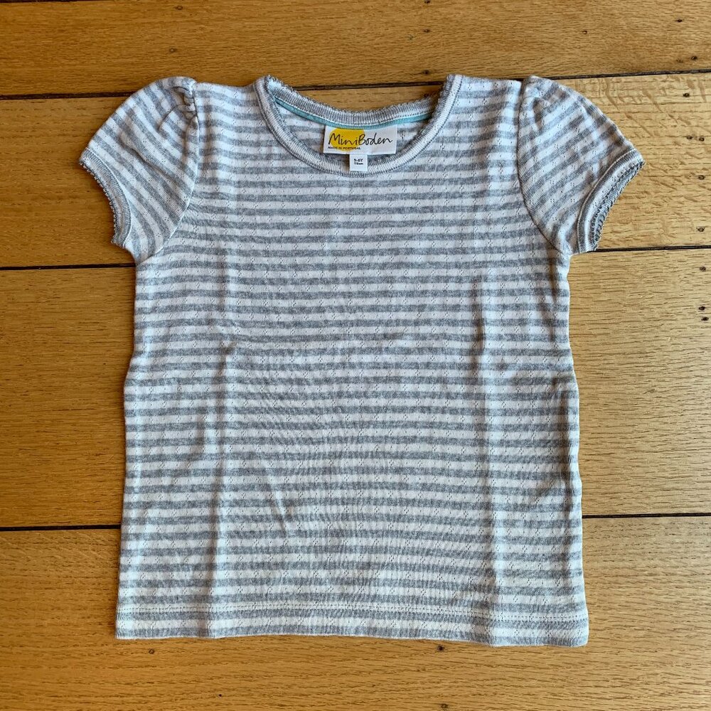 Mini Boden 5-6Y Grey and White Stripe Pointelle Shirt